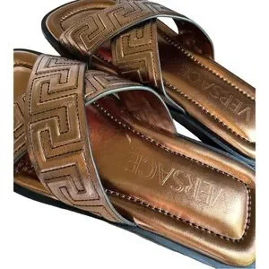 NWT Versace La Greca Metallic Leather Sandal Versace Black Leather Greca Pattern Slides Size 45 EU main image 4